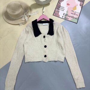 Cream Ribbed Cardigan Black Fuzzy Collar